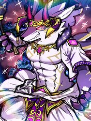  3:4 abs bael_(tas) canid canine canis clothing crown demon headgear hi_res horn jackal jewelry lifewonders male mammal pecs sirius_hoshi_s smug solo toga tokyo_afterschool_summoners 