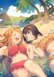  2girls ^_^ ball bang_dream! beach beachball bikini black_hair blue_eyes breasts closed_eyes commentary_request cover cover_image cover_page day doujin_cover frilled_bikini frills hair_ornament hairclip hammock holding_hands knee_up long_hair looking_at_another lying medium_breasts michelle_(bang_dream!) multiple_girls navel okusawa_misaki on_back outdoors palm_tree parted_lips partially_submerged polka_dot polka_dot_bikini red_bikini shark short_hair swimsuit tamaki_iori tree tsurumaki_kokoro yellow_bikini 