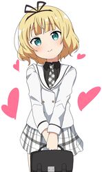  absurdres black_shirt blonde_hair blush briefcase closed_mouth collared_shirt commentary_request female gochuumon_wa_usagi_desu_ka? green_eyes grey_necktie grey_skirt hairband heart highres holding holding_briefcase kirima_syaro long_sleeves looking_at_viewer necktie plaid_necktie riyo_(aokiwazumi) school_briefcase school_uniform shirt short_hair simple_background skirt smile solo tedeza_rize&#039;s_school_uniform uniform wavy_hair white_background white_necktie white_skirt 