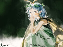  antennae aqua_hair brown_eyes butterfly_wings congming_lan dated dress eternity_larva fairy female green_dress insect_wings leaf leaf_on_head looking_at_viewer multicolored_clothes multicolored_dress one-hour_drawing_challenge short_hair signature solo touhou wings 