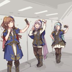  &gt;:) 3girls aiba_aina aqua_hair ayasaka bad_id bad_twitter_id bang_dream! black_footwear black_legwear black_vest blue_headwear blue_jacket boots brown_hair cellphone collared_shirt commentary_request epaulettes grey_hair half_updo hand_on_own_hip heart hikawa_sayo holding holding_phone imai_lisa indoors jacket knee_boots kudou_haruka_(voice_actor) long_hair long_sleeves minato_yukina multiple_girls musical_note nakashima_yuki neck_ribbon overskirt pantyhose phone photo-referenced pinky_out pose ribbon selfie shirt short_sleeves skirt smartphone smile sparkle standing v-shaped_eyebrows vest voice_actor_connection white_shirt 