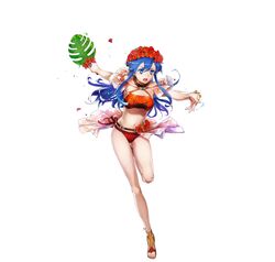  bare_arms bikini blue_eyes blue_hair bracelet breasts bunbun female fire_emblem fire_emblem:_the_binding_blade fire_emblem_heroes flower full_body hair_ornament hands_up head_wreath hibiscus highres holding jewelry leaf leaf_fan leg_up lilina_(fire_emblem) lilina_(summer)_(fire_emblem) long_hair medium_breasts navel official_art open_mouth palm_leaf red_bikini revision sandals second-party_source simple_background solo stomach swimsuit thighs toes white_background 