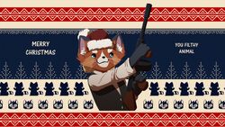  16:9 ailurid anthro blonde_hair blue_eyes christmas christmas_clothing christmas_headwear clothing digital_media_(artwork) english_text feretta feretta_(character) fur gun hair hat headgear headwear hi_res holidays m1928_thompson male mammal orange_body orange_fur ranged_weapon red_panda santa_hat submachine_gun tan_body tan_fur text thompson_gun topwear vest vixavil_hayden weapon white_body white_fur widescreen 