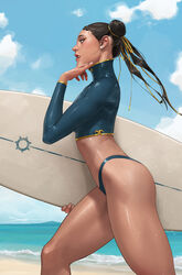  beach bikini blue_bikini brown_eyes brown_hair chun-li cloud cloudy_sky commentary day double_bun earrings english_commentary female hair_bun hair_ribbon highres holding holding_surfboard jee-hyung_lee jewelry ocean one-piece_swimsuit outdoors ribbon running sand shore sky solo street_fighter stud_earrings surfboard swimsuit tankini turtleneck turtleneck_one-piece_swimsuit 