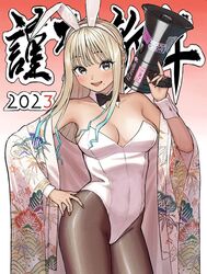  2023 animal_ears black_bow black_bowtie black_eyes blonde_hair bow bowtie breasts chinese_zodiac cleavage contrapposto curry_soba detached_collar female gyaru highres japanese_clothes kimono kogal leotard long_hair medium_breasts megaphone mole mole_under_eye mole_under_mouth new_year open_clothes open_robe original pantyhose playboy_bunny rabbit_ears robe solo strapless strapless_leotard white_kimono white_leotard white_robe wrist_cuffs year_of_the_rabbit 