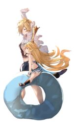  2girls absurdres arm_behind_head arm_up bikini black_footwear black_shirt blonde_hair blue_bikini blue_eyes blush breasts charlotta_(granblue_fantasy) charlotta_(summer)_(granblue_fantasy) closed_mouth commentary_request cordelia_(granblue_fantasy) granblue_fantasy hair_between_eyes hair_over_one_eye harvin highres innertube jacket long_hair medium_breasts multiple_girls official_alternate_costume open_clothes open_jacket pointy_ears profile shirt simple_background sitting smile swim_ring swimsuit tall_crown tota_(sizukurubiks) v-shaped_eyebrows very_long_hair white_background white_jacket 