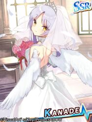  angel_beats! bouquet bridal_veil church dress elbow_gloves feathers female flower gloves grey_hair indoors long_hair miyoshino official_art rose solo tachibana_kanade tiara veil wedding_dress wings yellow_eyes 