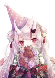  bell birthday black_kimono blush bouquet double_bun female flower frilled_sleeves frills gold_trim grey_hair hair_bell hair_bun hair_ornament hat highres holding holding_bouquet hololive horns japanese_clothes jingle_bell kimono long_hair long_sleeves looking_at_viewer megts0331 multicolored_hair nakiri_ayame nakiri_ayame_(1st_costume) off_shoulder oni party_hat red_eyes red_hair short_kimono skin-covered_horns solo streaked_hair tassel two_side_up upper_body virtual_youtuber 