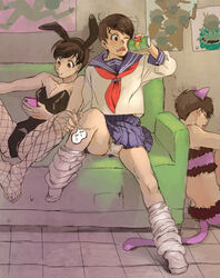  3boys :3 :p alternate_costume animal_ears beer_can black_leotard blouse blue_sailor_collar bra brothers brown_hair bulge can cat_ears cat_lingerie commentary_request couch crossdressing drink_can fake_animal_ears fake_tail fishnet_pantyhose fishnets fur-trimmed_bra fur_trim hair_ornament hairclip knees_apart_feet_together leg_warmers leotard long_sleeves looking_at_phone male_focus male_playboy_bunny male_underwear male_underwear_peek matsuno_ichimatsu matsuno_osomatsu matsuno_todomatsu meme_attire multiple_boys neckerchief nezumi_sion on_couch one_eye_closed osomatsu-san osomatsu_(series) pantyhose phone pink_eyes pleated_skirt poster_(object) red_eyes red_neckerchief sailor_collar saliva school_uniform serafuku shirt siblings sitting skirt sleeping sleeping_upright smile tail tongue tongue_out underwear white_male_underwear 