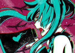  aircraft airplane bare_shoulders blue_eyes blue_hair chromatic_aberration female floating_hair from_side hatsune_miku heart heart_print highres holding holding_megaphone koi_wa_sensou_(vocaloid) logo long_hair longlong_(drasdr7513) looking_down megaphone open_mouth silhouette solo supercell_(band) twintails upper_body vocaloid 