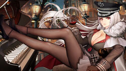  azur_lane black_footwear black_pantyhose black_shirt breasts building cape chinese_commentary cleavage coat collar collared_shirt commentary_request cross crossed_legs cup drinking_glass eyelashes female floating_hair full_body fur-trimmed_cape fur-trimmed_coat fur_trim gloves graf_zeppelin_(azur_lane) grey_skirt gudadan hat high_heels highres holding instrument iron_cross lamppost large_breasts leaning_back legs legs_up long_sleeves looking_at_viewer military_hat night night_sky open_collar outdoors pantyhose peaked_cap photoshop_(medium) piano pleated_skirt reclining red_collar red_eyes shirt sidelocks skirt sky solo thighs white_hair wine_glass 