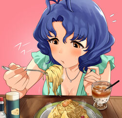  antenna_hair aqua_skirt blue_hair blush breasts brown_eyes cleavage collarbone cup drinking_straw female food fork hanamasa_ono highres idolmaster idolmaster_million_live! jewelry medium_breasts milk_tea necklace parted_bangs pasta pink_background plate short_hair short_sleeves skirt solo spaghetti spice sweat sweatdrop toyokawa_fuka upper_body 