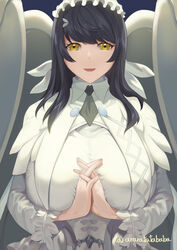  blue_hair breasts commentary_request dark_blue_hair female highres huge_breasts interlocked_fingers last_origin long_hair looking_at_viewer maid_headdress open_mouth own_hands_clasped own_hands_together partial_commentary ritasato smile snow_feather_(last_origin) solo straight-on twitter_username wings yellow_eyes 