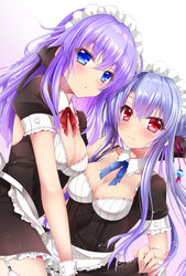  2girls alternate_costume apron black_dress black_ribbon blue_eyes blue_hair blue_ribbon blush breasts chibinon cleavage cleavage_cutout closed_mouth clothes_lift clothing_cutout collar commentary_request crossed_bangs detached_collar dress dress_lift dutch_angle enmaided expressionless eyelashes eyes_visible_through_hair frilled_apron frilled_sleeves frills garter_straps hair_between_eyes hair_ornament hair_ribbon highres large_breasts lifting_own_clothes long_hair looking_at_viewer maid maid_apron maid_day maid_headdress multiple_girls parted_lips puffy_short_sleeves puffy_sleeves purple_hair red_eyes red_ribbon ribbon short_sleeves siblings sidelocks simple_background sisters smile sorakado_ai sorakado_ao summer_pockets tassel tassel_hair_ornament twins twitter_username very_long_hair white_apron white_background white_collar 