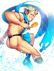  1boy abs ass bara black_fundoshi black_hair black_male_underwear blonde_hair blue_scarf bulge facial_hair feet_out_of_frame food fundoshi goatee horns japanese_clothes jiraiya_(housamo) loincloth looking_at_viewer looking_back male_focus male_underwear multicolored_hair muscular muscular_male navel nipples pectorals pelvic_curtain revealing_clothes scarf short_hair sideburns smile solo thighs tokyo_afterschool_summoners topless_male underwear waku_(ayamix) water 