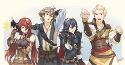  2boys 2girls ahoge arm_behind_head bare_shoulders blonde_hair blue_hair brown_eyes brown_hair closed_eyes fire_emblem fire_emblem_awakening fire_emblem_fates hand_on_own_chin hand_up highres inigo_(fire_emblem) long_hair looking_down lucina_(fire_emblem) md5_mismatch multiple_boys multiple_girls open_mouth owain_(fire_emblem) ozkh red_eyes red_hair severa_(fire_emblem) simple_background slapping smirk twintails white_background yawning 