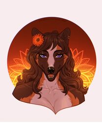  accessory anthro blue_eyes brown_body brown_fur canid canine canis digital_media_(artwork) domestic_dog female flower flower_in_hair fur gold_(metal) gold_jewelry hair hair_accessory jewelry mammal plant road~abelgeym smile solo vivianne_(neerishia) 