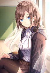  ahoge black_jacket black_thighhighs blue_eyes breasts brown_hair brown_skirt closed_mouth collared_shirt commentary_request crossed_legs curtains day drawstring dress_shirt eyes_visible_through_hair feet_out_of_frame female headphones headphones_around_neck highres hood hood_down hooded_jacket indoors jacket medium_breasts open_clothes open_jacket original pleated_skirt school_uniform shirt short_hair sitting skirt smile solo sunlight thighhighs transparent tsukasa_tsubasa white_shirt window 