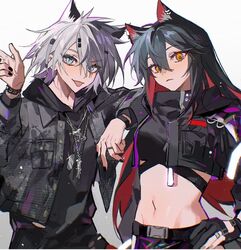  2girls ambience_synesthesia animal_ear_fluff animal_ears arknights belt black_belt black_gloves black_hoodie black_jacket black_nails black_pants black_shirt bracelet closed_mouth colored_inner_hair crop_top gloves hair_ornament hairclip hood hood_down hoodie jacket jewelry lappland_(arknights) long_hair looking_at_viewer midriff multicolored_hair multiple_girls navel necklace pants partially_fingerless_gloves pinenut_sn red_hair ring shirt short_hair sidelocks texas_(arknights) tongue tongue_out very_long_hair white_background white_hair wolf_ears yellow_eyes 