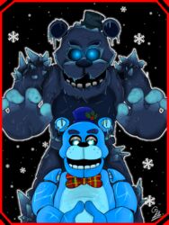  2020 3:4 animatronic anthro bear black_background black_bars black_eyebrows black_ice_frostbear black_nose blue_ears blue_eyes blue_nose bow_tie clothing duo eyebrows five_nights_at_freddy&#039;s five_nights_at_freddy&#039;s_ar freddy_frostbear frozen glowing glowing_eyes grizzlyboi75 half-closed_eyes hat headgear headwear ice icicle looking_at_viewer machine male mammal narrowed_eyes open_mouth robot round_ears scottgames signature simple_background size_difference smile snow snowflake spikes standing teeth top_hat 