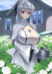  blue_sky blurry blurry_foreground blush boku_ni_wa_kaji_yousei_na_meido_ga_imasu braid breasts cleavage commentary_request cover_image day dress female flower french_braid frilled_sleeves frills gloves hair_between_eyes hima holding holding_watering_can house huge_breasts lace long_dress long_sleeves looking_at_viewer maid maid_headdress novel_illustration official_art outdoors red_eyes sidelocks sky solo watering watering_can white_dress white_gloves white_hair wide_sleeves 