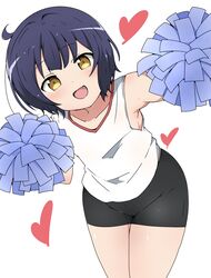  :d ahoge armpits bike_shorts blue_hair blush cheerleader collarbone commentary_request female gochuumon_wa_usagi_desu_ka? heart highres jouga_maya looking_at_viewer oerba_yun_fang open_mouth ouendan pom_pom_(cheerleading) riyo_(aokiwazumi) shiny_skin short_hair shorts simple_background skin_fang smile solo swept_bangs vest white_background yellow_eyes 