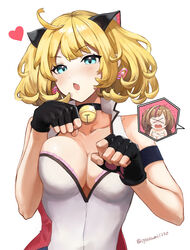  2girls :o absurdres ahoge animal_ears aqua_eyes armband bare_shoulders bell black_gloves blonde_hair blush breast_press breasts brown_hair cat_ears choker cleavage clenched_hand collarbone cosplay earrings embarrassed fake_animal_ears fingerless_gloves girls&#039;_frontline gloves heart heart_earrings highres iitenkidesune jewelry jingle_bell large_breasts long_hair looking_at_viewer m1911_(girls&#039;_frontline) mk23_(girls&#039;_frontline) mk23_(girls&#039;_frontline)_(cosplay) multicolored_hair multiple_girls neck_bell open_mouth paw_pose pink_hair plunging_neckline short_hair signature simple_background streaked_hair tsurime upper_body wavy_hair white_background xo 