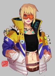  alternate_hairstyle apex_legends black_tube_top blue_eyes cosplay crop_top crypto_(apex_legends) crypto_(apex_legends)_(cosplay) goggles grey_background hands_in_pockets highres hype_beast_crypto jacket midriff multicolored_clothes multicolored_jacket navel one_eye_covered patch pikachu pokemon purple_lips scar scar_on_cheek scar_on_chest scar_on_face scar_on_stomach shaira_(noxlotl) short_hair spikes strapless tube_top upper_body wattson_(apex_legends) 