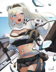  absurdres animal_ears arknights artist_name aurora_(arknights) bear_ears belt black_belt black_gloves black_hairband black_shirt blue_eyes breasts cleavage commentary cowboy_shot crop_top cropped_jacket female gloves grey_shorts hairband highres infection_monitor_(arknights) jacket kkkkled large_breasts long_hair long_sleeves midriff navel open_mouth pouch shirt short_shorts shorts signature solo standing stomach swept_bangs thighs white_hair white_jacket 