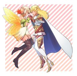  2girls armor bare_shoulders belt bird boots bracelet braid brown_eyes cape choker commentary crown_braid diagonal_stripes easter_egg egg eye_contact fairy_wings fire_emblem fire_emblem_heroes flower full_body gloves hair_between_eyes hair_flower hair_ornament headband highres jewelry leaf long_hair looking_at_another mizudori multiple_girls open_mouth owl peony_(fire_emblem) pointy_ears purple_eyes scale_armor sharena_(fire_emblem) sidelocks striped striped_background symbol-only_commentary teeth thigh_boots thighhighs twintails wings yuri 