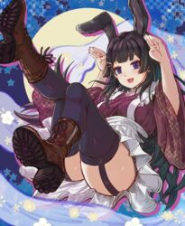  :d animal_ears apron arms_up ass black_hair black_thighhighs blue_eyes boots breasts brown_footwear commentary cross-laced_footwear english_commentary female full_moon garter_straps hair_ornament hairclip highres hikari_niji japanese_clothes kimono knee_up lace-up_boots leg_up long_hair long_sleeves looking_at_viewer medium_breasts moon nail_polish nijisanji purple_kimono rabbit_ears rabbit_pose red_nails shoe_soles smile solo starry_background thighhighs thighhighs_under_boots tsukino_mito very_long_hair virtual_youtuber white_apron wide_sleeves 