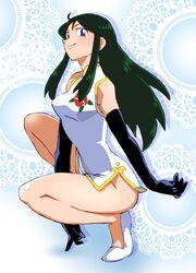  black_hair blue_eyes breasts china_dress chinese_clothes closed_mouth commentary_request dress elbow_gloves female full_body giant_robo ginrei_(giant_robo) gloves green_hair long_hair looking_at_viewer mackintosh_rose medium_breasts onnaski smile solo squatting 