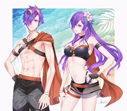  1boy abs bad_id bad_twitter_id bikini black_bikini black_gloves breasts cape check_commentary cleavage closed_mouth commentary commentary_request dq11neu eyewear_on_head female fingerless_gloves fire_emblem fire_emblem:_three_houses fire_emblem_heroes fire_emblem_warriors:_three_hopes flower gloves hair_flower hair_ornament hair_over_one_eye hand_on_own_hip highres lips long_hair looking_at_viewer male_swimwear medium_breasts muscular muscular_male navel official_alternate_costume one_eye_covered orange_cape parted_lips pink_lips purple_eyes purple_hair see-through shez_(female)_(fire_emblem) shez_(female)_(summer)_(fire_emblem) shez_(fire_emblem) shez_(male)_(fire_emblem) shez_(male)_(summer)_(fire_emblem) short_hair signature single_glove smile stomach sunglasses swim_trunks swimsuit topless_male 