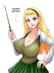  1girls bangs big_breasts blonde_hair blue_eyes breasts cleavage clothed clothing confident curvaceous curvy curvy_female curvy_figure dialogue draco_malfoy ear_piercing earrings english_text erect_nipples erect_nipples_under_clothes female female_only fully_clothed genderbent genderswap genderswap_(mtf) hairband hand_on_hip harry_potter hips hogwarts_school_uniform large_breasts long_hair long_sleeves looking_at_viewer magic magic_wand nipple_bulge open_mouth open_smile rule_63 school_uniform schoolgirl skirt slytherin smile smiling smiling_at_viewer solo solo_female solo_focus student talking text themightfenek voluptuous wand wide_hips witch 