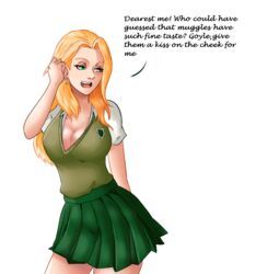  1girls adjusting_hair bangs big_breasts blonde_hair breasts cleavage clothed clothing curvaceous curvy curvy_female curvy_figure dialogue draco_malfoy ear_piercing earrings english_text eyeshadow female genderbent genderswap genderswap_(mtf) green_eyes green_skirt half-closed_eyes harry_potter hips hogwarts_school_uniform long_hair pleated_skirt rule_63 school_uniform schoolgirl short_sleeves skirt slytherin solo solo_female solo_focus student talking text themightfenek thick_thighs thighs voluptuous wide_hips witch 