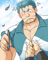  1boy bara beard blue_hair blush ear_blush facial_hair flying_sweatdrops highres holding holding_pencil jacket large_pectorals male_focus mature_male moustache muscular muscular_male nunutarou pectoral_cleavage pectorals pencil pov short_hair sideburns solo_focus stubble sweatdrop tokyo_afterschool_summoners track_jacket triton_(housamo) upper_body zipper_pull_tab zipping 