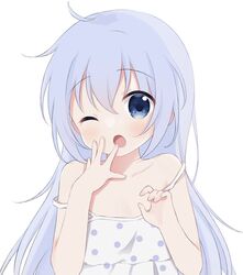  bare_shoulders blue_eyes blue_hair breasts chestnut_mouth collarbone commentary double_strap_slip female gochuumon_wa_usagi_desu_ka? kafuu_chino light_blue_hair loose_clothes loose_shirt messy_hair one_eye_closed pajamas rabbit-hinata shirt sleepy small_breasts solo strap_slip white_pajamas yawning 