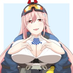  absurdres arms_up artificial_eye ascot blue_jacket breasts brown_eyes cleavage earrings eyewear_on_head female girls&#039;_frontline hair_ornament hairclip heart heart_earrings highres huge_breasts jacket jewelry light_blush long_hair long_sleeves looking_at_viewer mechanical_eye mole mole_under_eye neck_tattoo oerba_yun_fang open_clothes open_jacket open_mouth paizuri_invitation pink_hair police police_uniform policewoman safety_glasses shirt sig_mcx_(girls&#039;_frontline) simple_background smile solo spade_(shape) spade_earrings sumi_ojie tattoo uniform upper_body white_shirt 