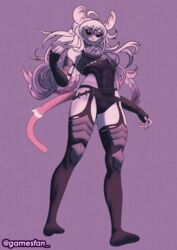  anthro black_clothing bottomwear breasts claws clothing female fur gamesfan grey_clothing hair hi_res legwear long_hair looking_at_viewer low_view mammal murid murine pink_tail prehensile_tail rat red_eyes rodent signature smile solo tail topwear white_body white_fur white_hair 