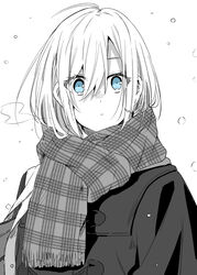  ahoge bag blue_eyes breath check_commentary coat commentary_request eyes_visible_through_hair female highres holding holding_bag looking_at_viewer monochrome original plaid plaid_scarf pov scarf shiime snowing solo spot_color upper_body white_background 