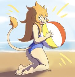  5_fingers 5_toes anthro ashter_(howsplendid) ball barefoot beach beach_ball clothing feet felid femboy fingers hi_res howsplendid humanoid_feet humanoid_hands inflatable lion male mammal open_mouth pantherine plantigrade seaside smile soles solo swimwear toes 