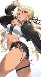  :p blonde_hair breasts crop_top cropped_jacket cross-laced_clothes dark-skinned_female dark_skin earrings female hair_ornament hair_ribbon hairclip highres jacket jewelry kaminari_qpi kaminari_qpi_(3rd_costume) looking_at_viewer looking_back midriff navel red_eyes ribbon sanuki_(kyoudashya) short_shorts shorts simple_background skindentation solo standing thigh_strap thighs tongue tongue_out twisted_torso v virtual_youtuber vspo! white_background 