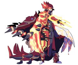  1boy commentary_request eyepatch full_body gloves groudon long_sleeves looking_at_viewer male_focus pelvic_curtain personification pokemon primal_groudon red_gloves red_hair simple_background solo standing white_background zazaki 