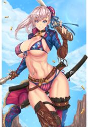  american_flag american_flag_bikini american_flag_print ass_visible_through_thighs asymmetrical_gloves asymmetrical_legwear belt bikini black_choker blue_eyes blue_ribbon blue_sky blush boots breasts bridal_garter brown_footwear brown_gloves bullet bun_cover choker cloud commentary day fate/grand_order fate_(series) female fingerless_gloves flag_print front-tie_bikini_top front-tie_top gloves grey_hair grin gun hair_bun hair_ribbon hand_up highres holding holding_gun holding_weapon large_breasts long_hair long_sleeves looking_at_viewer mickey_dunn miyamoto_musashi_(fate) miyamoto_musashi_(swimsuit_berserker)_(fate) miyamoto_musashi_(swimsuit_berserker)_(second_ascension)_(fate) navel navel_piercing outdoors piercing print_bikini ribbon scabbard sheath shrug_(clothing) single_hair_bun sky smile solo stomach swept_bangs swimsuit thigh_boots thighhighs thighs trigger_discipline uneven_gloves uneven_legwear weapon 