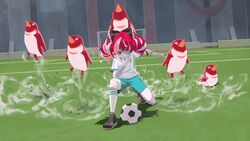  alternate_costume ball bird blunt_ends bow check_commentary colored_skin commentary commentary_request double_bun female grey_hair grey_skin hair_bun hairbow heterochromia highres hololive hololive_indonesia inazuma_eleven_(series) jersey kureiji_ollie laing multicolored_hair multicolored_skin on_one_knee parody patchwork_skin penguin pink_hair red_eyes red_hair short_sleeves shorts soccer soccer_ball soccer_field soccer_uniform solo sportswear stadium stitched_arm stitched_face stitched_leg stitches two-tone_skin virtual_youtuber whistling white_hair white_skin yellow_eyes zombie 