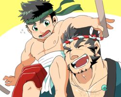  2boys :d ^_^ areolae arima_mineaki bara blush carrying_over_shoulder chest_hair closed_eyes hachimaki headband long_sideburns male_focus mature_male midriff_sarashi multiple_boys muscular muscular_male nejiri_hachimaki nunutarou pectoral_cleavage pectorals sarashi short_hair sideburns size_difference smile tajikarao_(housamo) takeda_nobuharu thick_eyebrows tokyo_afterschool_summoners topless_male tusks 