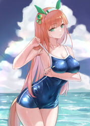  alternate_breast_size amco animal_ears aqua_eyes arched_back arm_under_breasts beach blue_one-piece_swimsuit blue_sky breast_hold breasts cleavage cloud cloudy_sky collarbone competition_school_swimsuit covered_navel cowboy_shot day ear_covers female green_ribbons hair_ornament hair_ribbon hairband hand_up highres horizon horse_ears horse_girl horse_tail impossible_clothes impossible_swimsuit leaning_forward lens_flare light_blush long_hair looking_at_viewer medium_breasts ocean one-piece_swimsuit orange_hair outdoors parted_lips pulling_own_clothes ribbon school_swimsuit shiny_clothes sideboob silence_suzuka_(umamusume) single_vertical_stripe skin_tight sky solo standing straight_hair strap_pull swimsuit tail tail_through_clothes thighs tracen_swimsuit umamusume very_long_hair wet wet_clothes wet_swimsuit white_hairband 