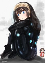  2girls ankle_boots ass black_bodysuit black_footwear black_hair blue_eyes bodysuit boots commentary_request food fruit gantz gantz_suit headband highres idolmaster idolmaster_cinderella_girls long_hair looking_at_viewer multiple_girls parted_lips sagisawa_fumika shikamax2 sitting strawberry strawberry_costume tachibana_arisu white_headband 