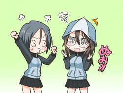  2girls 3_3 @_@ ^^^ angry ankoku_no_ojisan arms_up bespectacled blue_headwear blue_jacket blue_skirt borrowed_clothes brown_hair chibi commentary_request dizzy emblem frown girls_und_panzer glasses gradient_background green_background hat jacket keizoku_military_uniform long_hair long_sleeves mika_(girls_und_panzer) military military_uniform miniskirt multiple_girls no_eyewear open_mouth pleated_skirt puff_of_air raglan_sleeves rumi_(girls_und_panzer) school_connection skirt spiral-only_eyes squiggle standing sweatdrop track_jacket translated tulip_hat uniform zipper 