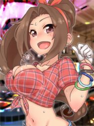  aino_nagisa armlet blurry blurry_background blush bouncing_breasts bow breasts brown_hair check_commentary cleavage collarbone commentary commentary_request crop_top eyelashes female flying_sweatdrops gloves hairbow idolmaster idolmaster_cinderella_girls kurushima_gire large_breasts looking_at_viewer navel open_mouth ponytail purple_eyes shirt short_sleeves smile stomach sweat tied_shirt tongue upper_body 